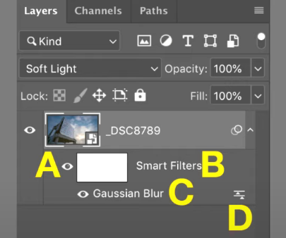 Where do you click to adjust the blending mode for a Smart Filter?