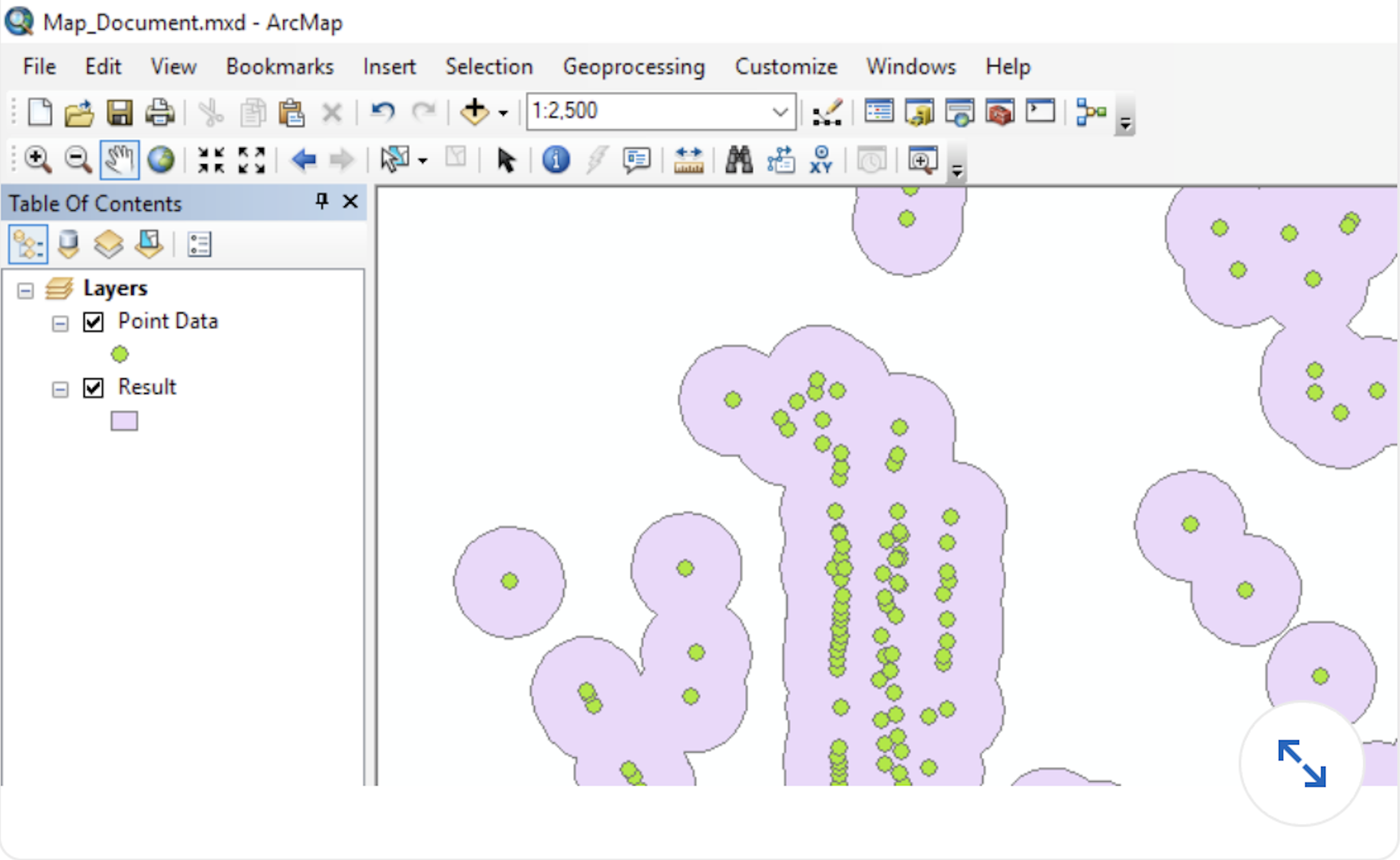 What geoprocessing tool, when applied to the Point Data Layer, is most likely responsible for the data shown in the Result Layer?