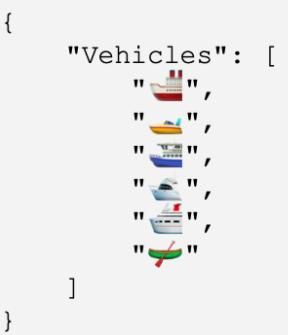 JSON object with key "Vehicles" containing an array of emojis